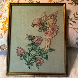 Vintage Handmade Needlepoint Fairy Bubble Bee Beautiful Gold Framed Art